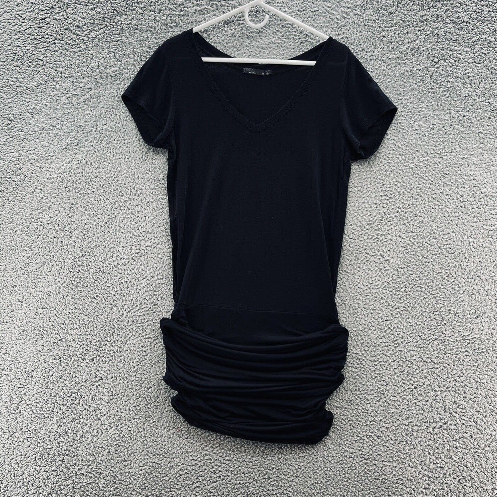 Prana Dress Womens Medium Black Knit T Shirt Sheath Ruched Mini Short Sleeved
